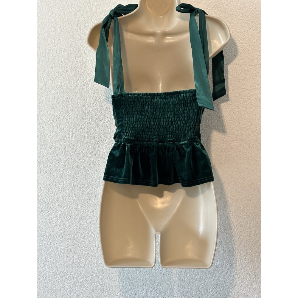 Mod Green Velvet Babydoll Top Size Medium Milkmaid Forest Fairy Glam Coquette‎ - Picture 2 of 7